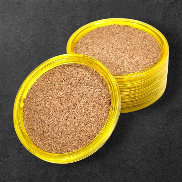 Vintage Yellow Acrylic Coasters Set of 6 Cork Lined Retro Mod Barware Drink - Picture 1 of 5